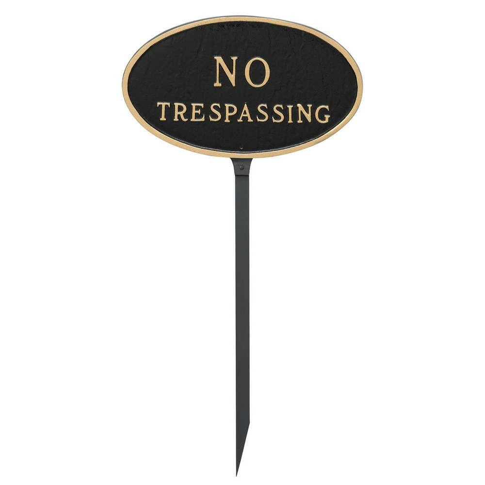 Montague Metal Products 6 in. x 10 in. Small Oval No Trespassing Statement Plaque Sign with 23 in. Lawn Stake, Black with Gold Lettering - Image 2