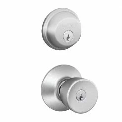 Schlage Satin Chrome Single Cylinder Deadbolt with Bell Entry Door Knob Combo Pack