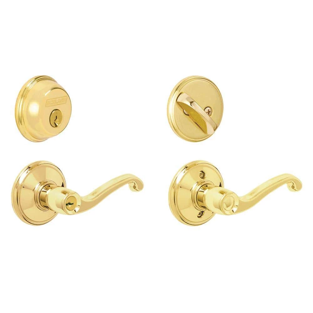 Schlage Bright Brass Single Cylinder Deadbolt with Flair Entry Door Knob Combo Packs