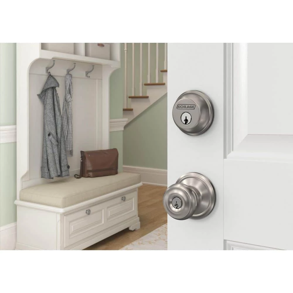 Schlage Satin Nickel Single Cylinder Deadbolt with Georgian Entry Door Knob Combo Pack - Image 6