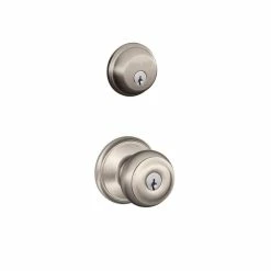 Schlage Satin Nickel Single Cylinder Deadbolt with Georgian Entry Door Knob Combo Pack