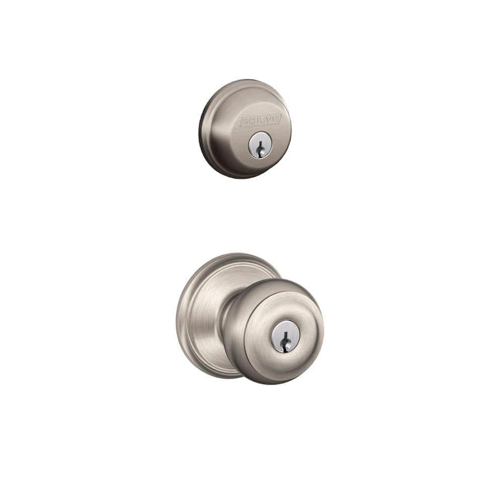 Schlage Satin Nickel Single Cylinder Deadbolt with Georgian Entry Door Knob Combo Pack