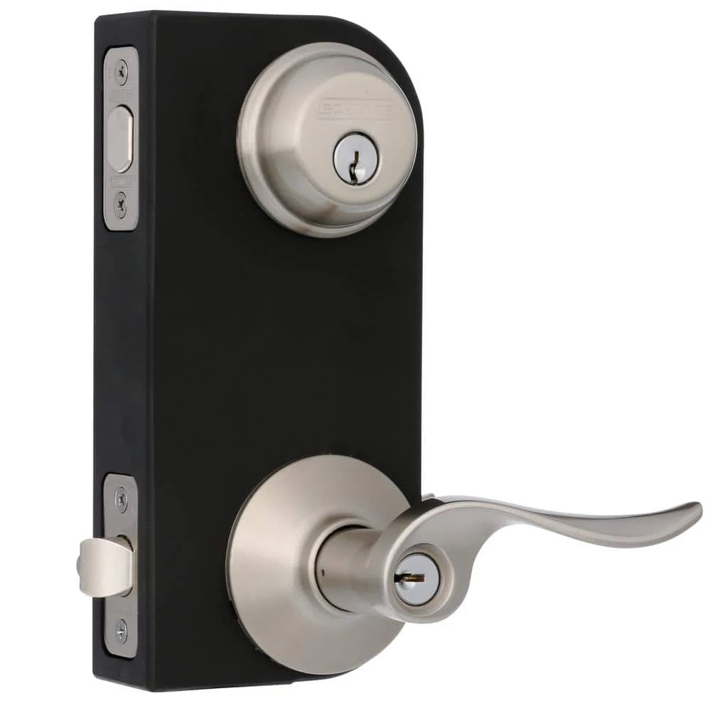 Schlage Satin Nickel Single Cylinder Deadbolt with Sacramento Entry Door Handle Combo Pack - Image 3
