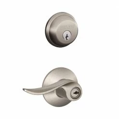 Schlage Satin Nickel Single Cylinder Deadbolt with Sacramento Entry Door Handle Combo Pack