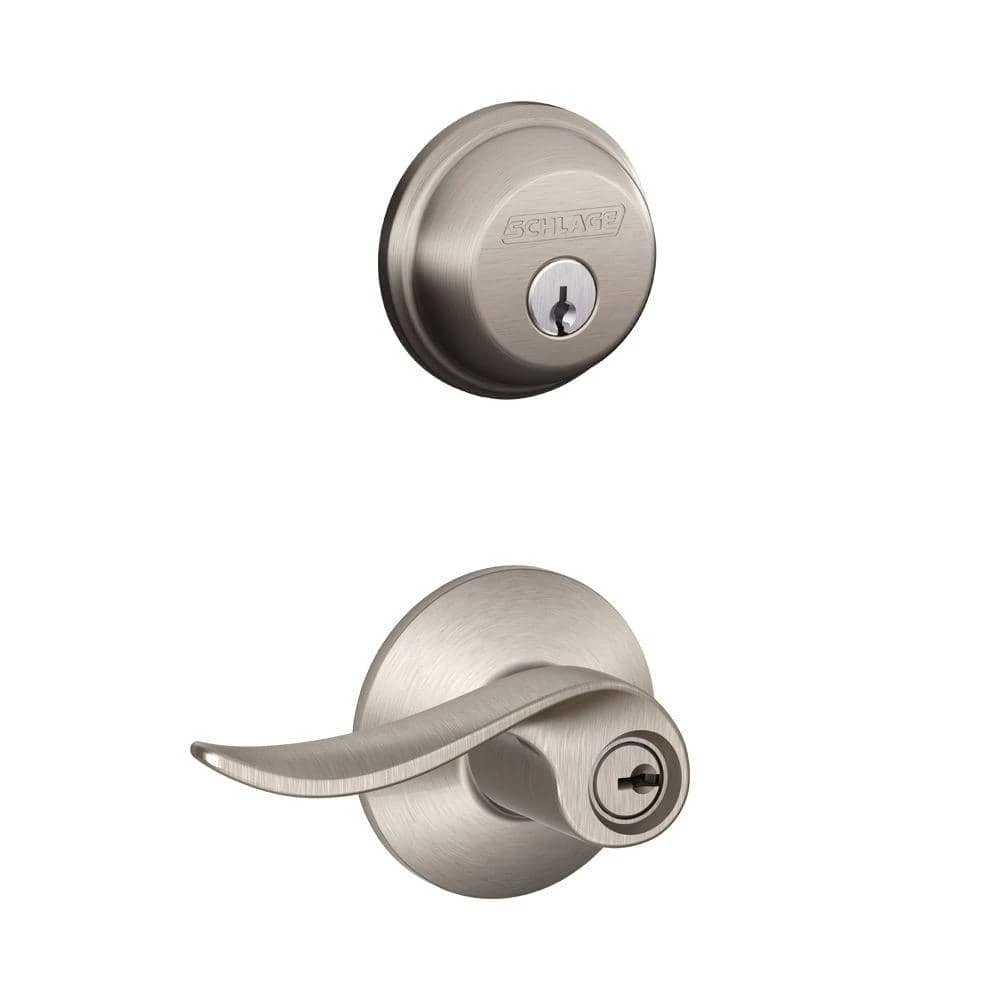 Schlage Satin Nickel Single Cylinder Deadbolt with Sacramento Entry Door Handle Combo Pack