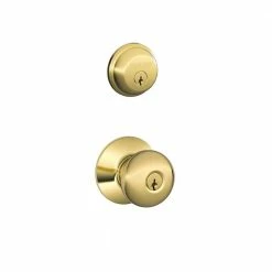 Schlage Bright Brass Double Cylinder Deadbolt with Plymouth Entry Door Knob Combo Pack