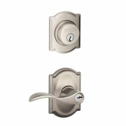 Schlage Camelot Satin Nickel Single Cylinder Deadbolt with Accent Entry Door Handle Combo Pack