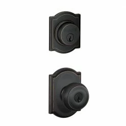 Schlage Camelot Aged Bronze Single Cylinder Deadbolt with Georgian Entry Door Knob Combo Pack