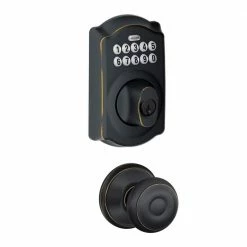 Schlage Camelot Keypad Electronic Door Lock Deadbolt and Georgian Knob in Aged Bronze