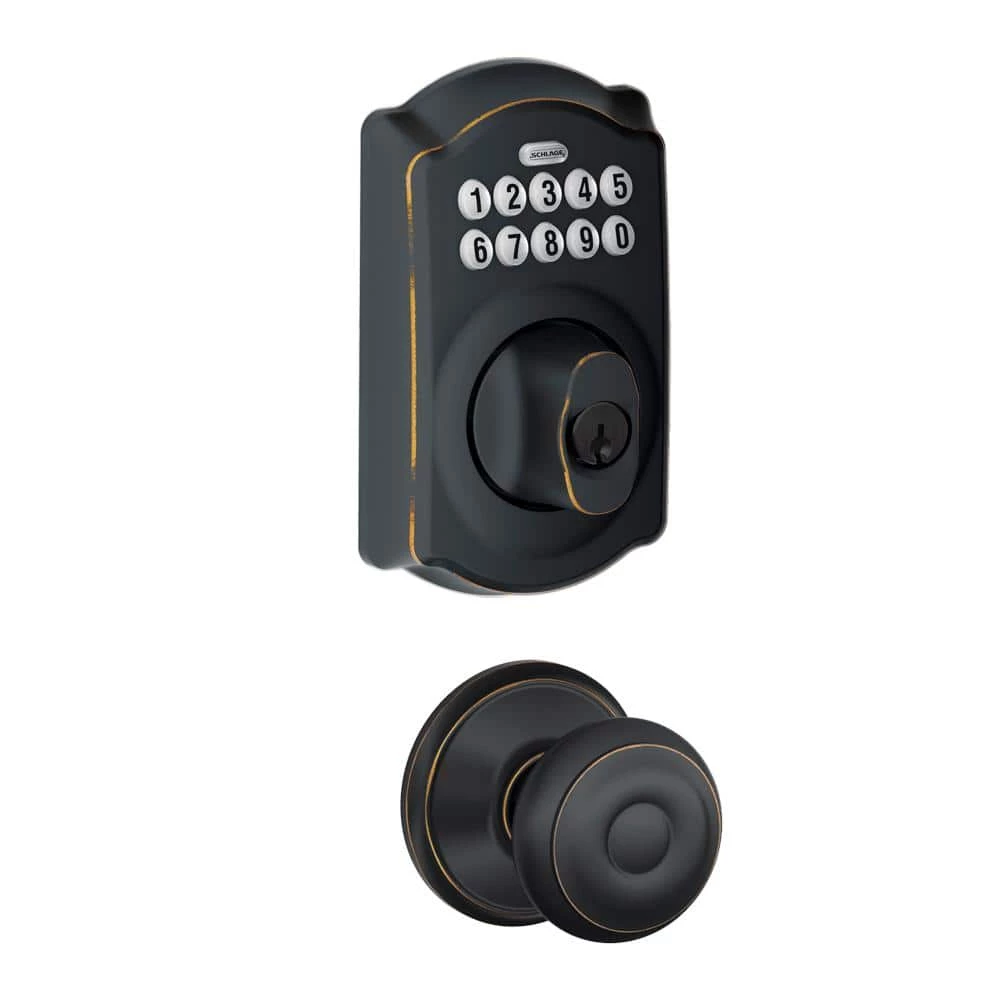 Schlage Camelot Keypad Electronic Door Lock Deadbolt and Georgian Knob in Aged Bronze