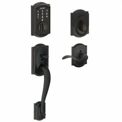 Schlage Camelot Aged Bronze Touch Electronic Keypad Deadbolt and Front Entry Door Handle with Accent Door Lever