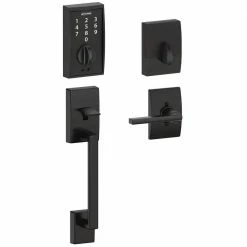 Schlage Century Matte Black Touch Electronic Keypad Deadbolt and Front Entry Door Handle with Latitude Door Lever