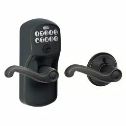 Schlage Plymouth Aged Bronze Electronic Keypad Door Lock with Flair Door Lever Featuring Flex Lock