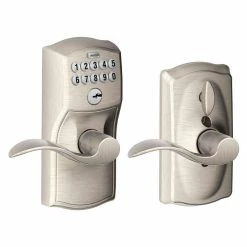 Schlage Camelot Satin Nickel Electronic Keypad Door Lock with Accent Door Lever Featuring Flex Lock