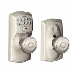 Schlage Camelot Satin Nickel Electronic Door Lock with Georgian Door Knob Featuring Flex Lock