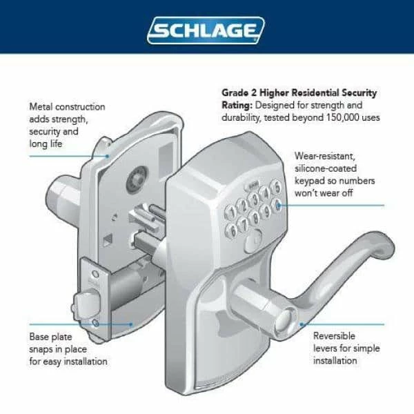 Schlage Camelot Satin Chrome Electronic Keypad Door Lock with Accent Door Lever Featuring Flex Lock - Image 3