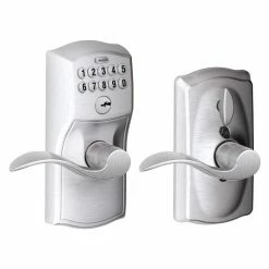 Schlage Camelot Satin Chrome Electronic Keypad Door Lock with Accent Door Lever Featuring Flex Lock
