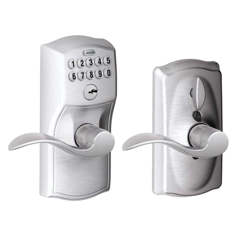 Schlage Camelot Satin Chrome Electronic Keypad Door Lock with Accent Door Lever Featuring Flex Lock