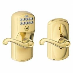 Schlage Plymouth Bright Brass Electronic Door Lock with Flair Door Lever Featuring Flex Lock