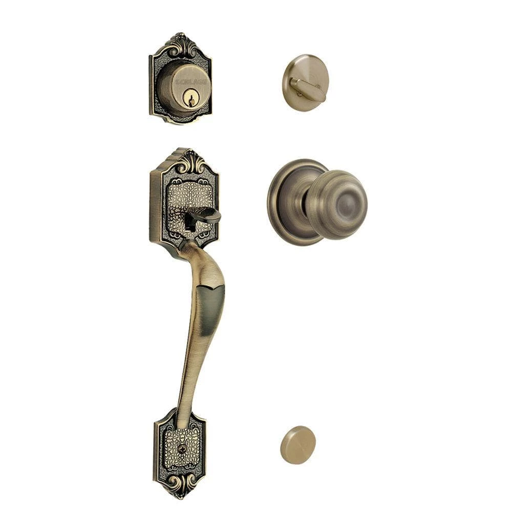 Schlage Parthenon Single Cylinder Antique Brass Door Handleset with Georgian Interior Knob