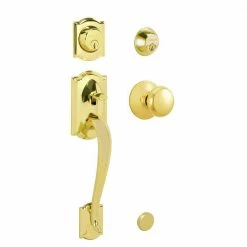 Schlage Camelot Bright Brass Double Cylinder Deadbolt with Plymouth Knob Door Handleset