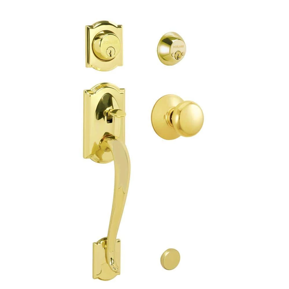 Schlage Camelot Bright Brass Double Cylinder Deadbolt with Plymouth Knob Door Handleset