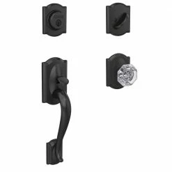 Schlage Custom Camelot Matte Black Single Cylinder Door Handleset with Alexandria Glass Door Knob with Camelot Trim