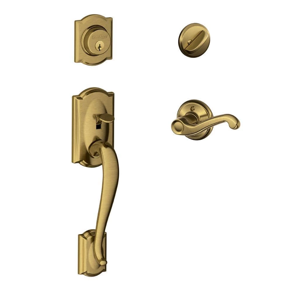 Schlage Camelot Antique Brass Single Cylinder Deadbolt with Left Handed Flair Handle Door Handleset