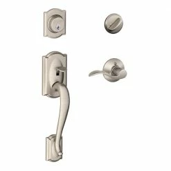Schlage Camelot Satin Nickel Single Cylinder Deadbolt with Accent Lever Door Handleset
