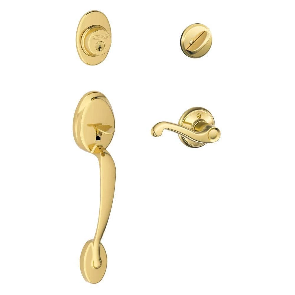 Schlage Plymouth Bright Brass Single Cylinder Deadbolt with Flair Knob Door Handleset