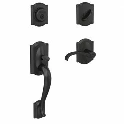 Schlage Custom Camelot Matte Black Single Cylinder Door Handleset with Whitney Door Lever