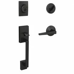 Schlage Custom Century Matte Black Single Cylinder Handleset with Eller Door Lever and Kinsley Trim