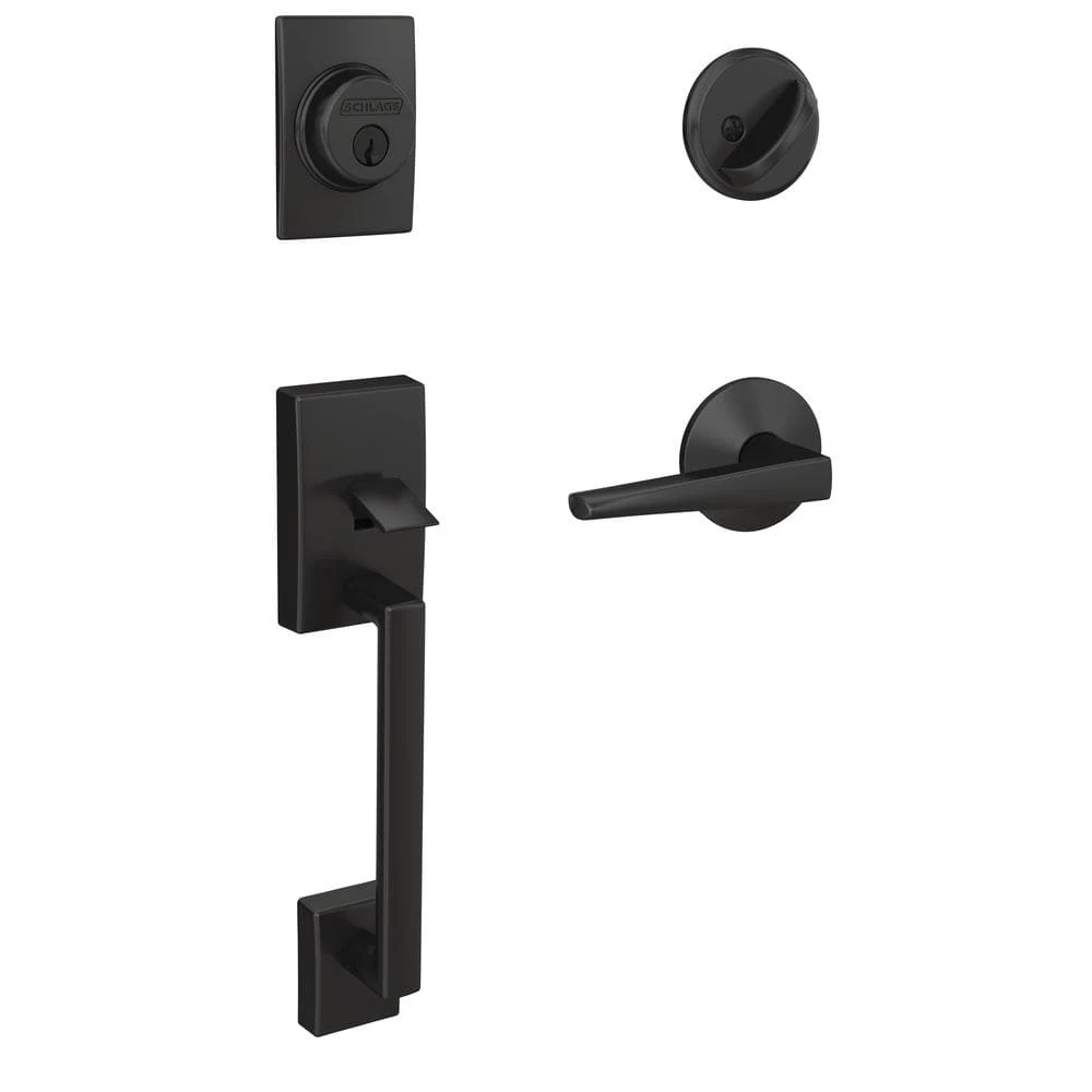Schlage Custom Century Matte Black Single Cylinder Handleset with Eller Door Lever and Kinsley Trim