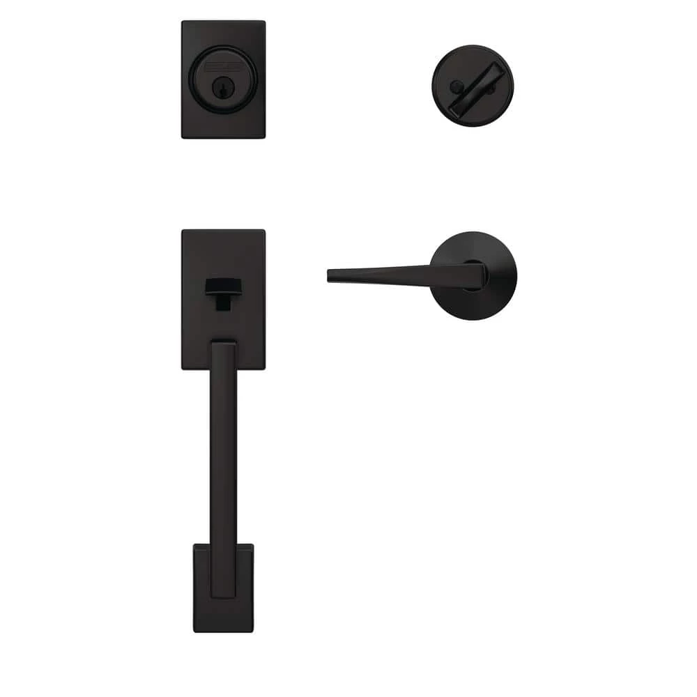 Schlage Custom Century Matte Black Single Cylinder Handleset with Eller Door Lever and Kinsley Trim - Image 2