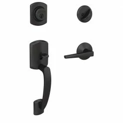 Schlage Custom Greenwich Matte Black Single Cylinder Door Handleset with Eller Door Lever