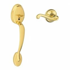 Schlage Plymouth Bright Brass Entry Door Handle with Left Handed Flair Door Handle