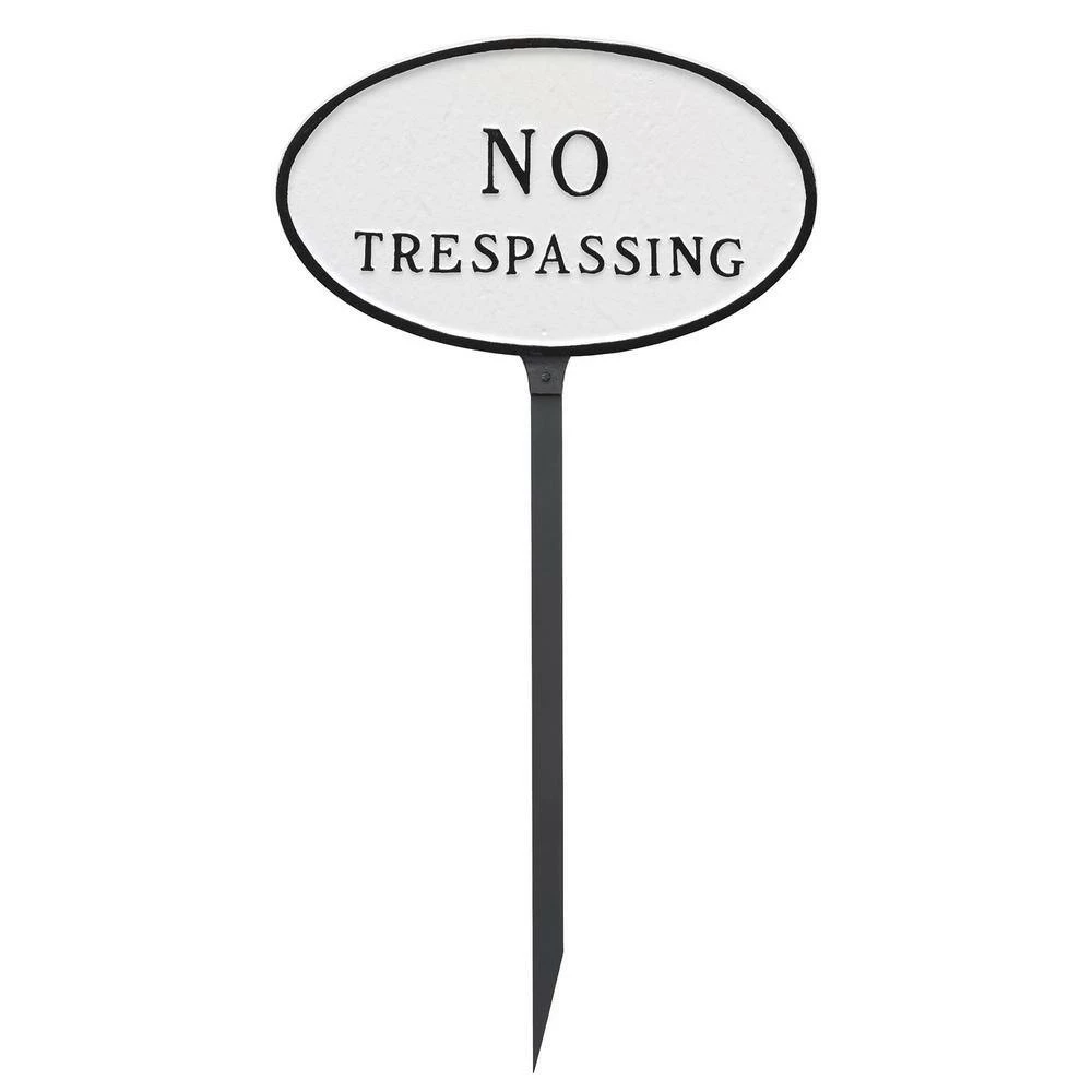 Montague Metal Products 8.5 in. x 13 in. Standard Oval No Trespassing Statement Plaque Sign with 23 in. Lawn Stake, White with Black Lettering - Image 2